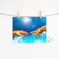 Image of hands reaching toward each other with blue background and stars for digital download.  