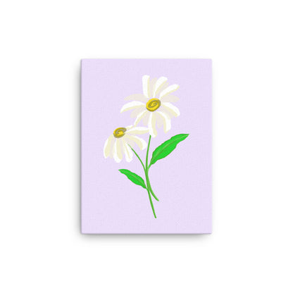 Artwork of daisy with a lavender purple colored background on a canvas.  