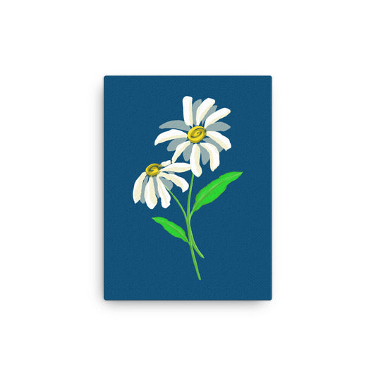 Artwork of daisy with a medium blue colored background on a canvas.  