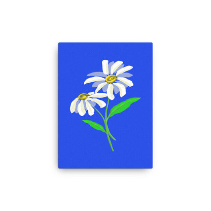 Artwork of daisy with royal blue colored background on a canvas.  