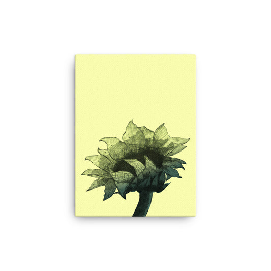 Large sunflower in black on bright yellow background on a canvas.  