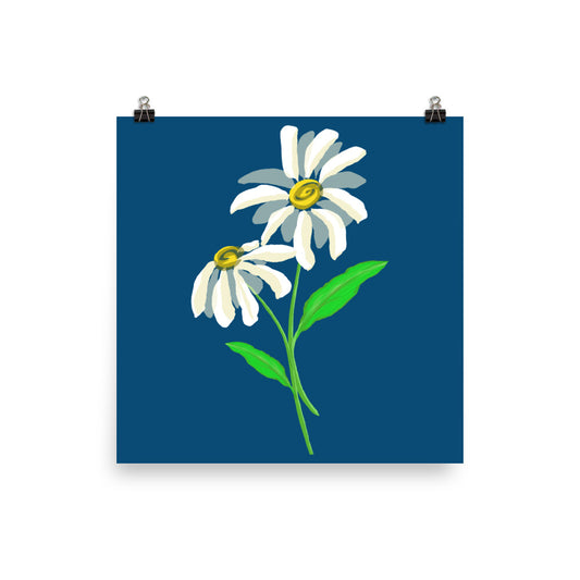 Artwork of daisy with a medium blue colored background on a poster.  