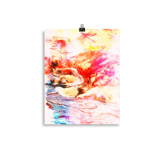 Colorful impressionist image of a kitty sleeping with pillows on a poster.  