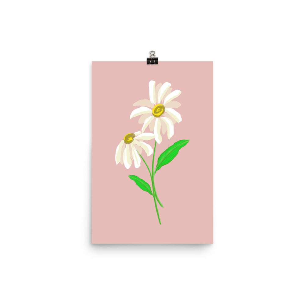 Artwork of daisy with rose-colored background on a poster.  