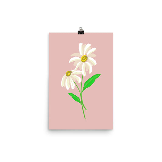 Artwork of daisy with rose-colored background on a poster.  