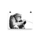 Black and white image of a chimpanzee  on a white poster.  